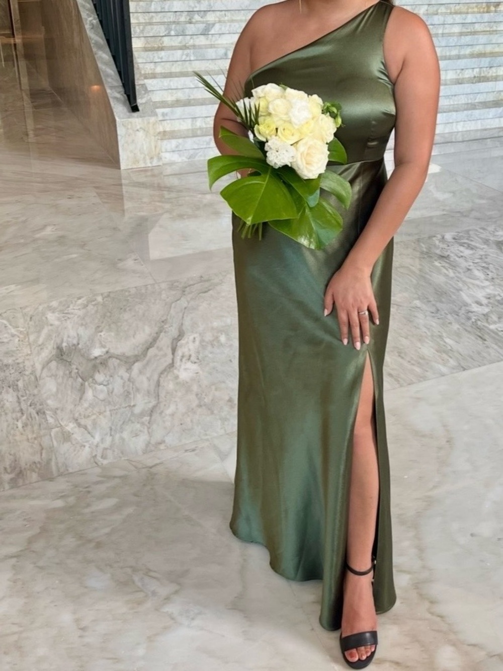 Birdy Grey One-Shoulder Olive Satin Evening Dress